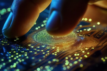 A close-up of a hand with biometric sensors being used to authenticate a Bitcoin transaction on a blockchain platform.