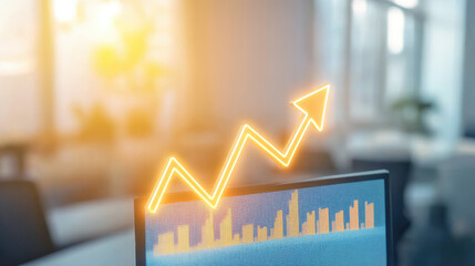 Glowing upward arrow graph on digital screen symbolizing positive company growth and future outlook, representing business success and financial progress.