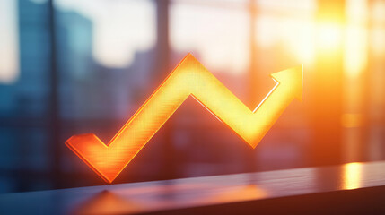 Glowing upward arrow graph on digital screen symbolizing positive company growth and future outlook, representing business success and financial progress.