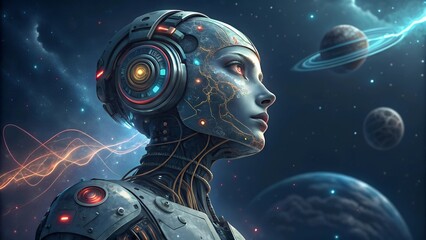 humanoid head with blue and yellow eyes and vibrant neon, Side view of a humanoid head with blue and yellow eyes, futuristic technology and artificial intelligence