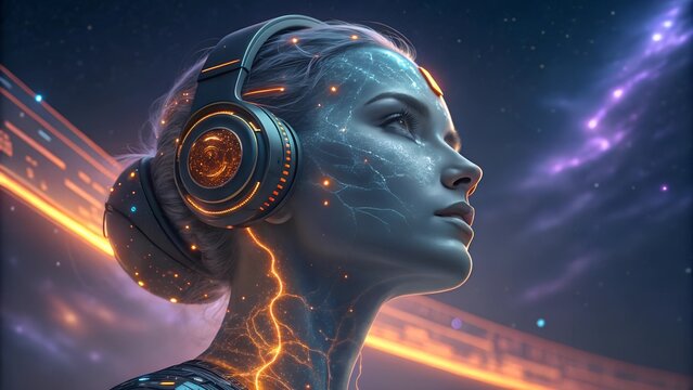 humanoid head with blue and yellow eyes and vibrant neon, Side view of a humanoid head with blue and yellow eyes, futuristic technology and artificial intelligence