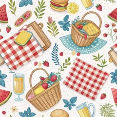 Colorful picnic scene with baskets fruits and refreshing drinks outdoor setting illustration vibrant and inviting