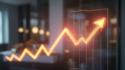 Glowing upward arrow graph on digital screen symbolizing positive company growth and future outlook, representing business success and financial progress.