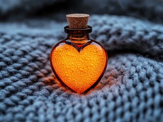 Creating heartfelt aromas orange glass heart bottle on cozy knitted fabric indoor close-up emotion