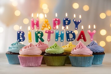Colorful Happy Birthday Cupcakes with Lit Candles Celebration