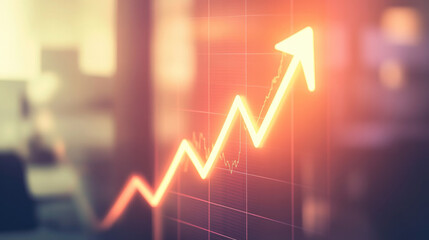 Glowing upward arrow graph on digital screen symbolizing positive company growth and future outlook, representing business success and financial progress.