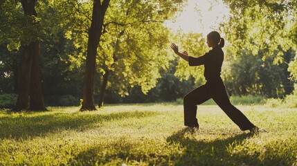 Chronic back pain relief through Tai Chi practice in a park. Featuring mobility and mindfulness