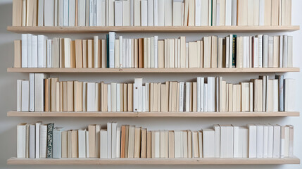 beautifully organized bookshelf with color coordinated books creates serene atmosphere