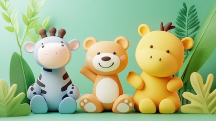 Cute cartoon animals, giraffe, bear, and hippo, sitting in a row, surrounded by stylized leaves and plants, in a pastel color scheme.