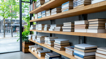 Obraz premium modern bookshelf filled with neatly arranged books in bright space