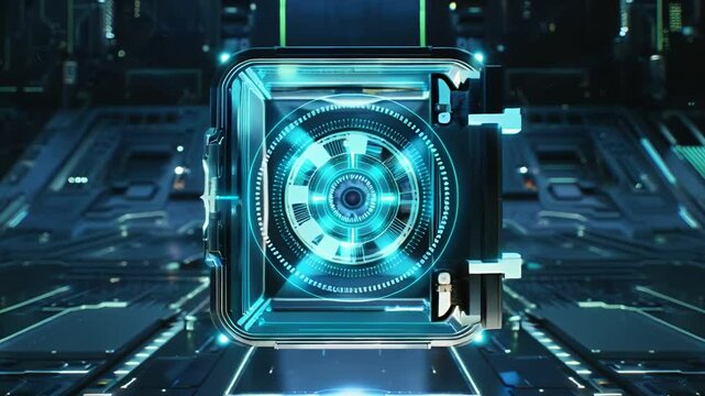 Futuristic digital vault with a glowing high-tech locking mechanism in a sci-fi environment, symbolizing cybersecurity, data protection, financial security, and advanced encryption technology.  
