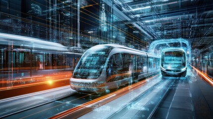 Futuristic trains in a high-tech station with digital overlays and vibrant lights