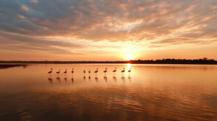 Obraz premium Colorful flock of flamingos standing in shallow water at sunset