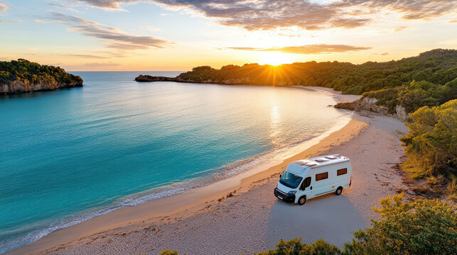 couple enjoys serene sunrise view from their camper van by beach - Powered by Adobe