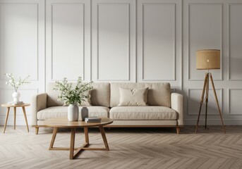 Modern minimalist living room Scandinavian design beige sofa round wooden coffee table tripod lamp with rattan shade potted white flowers