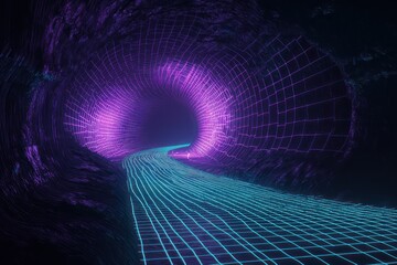 Matte black void features cyan lines tracing wave-like grid patterns, highlighted by violet accents to enhance visual appeal.