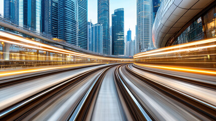 dynamic photograph of urban train tracks curving through cityscape