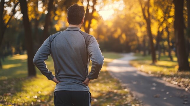 Chronic back pain relief through walking in a scenic park. Featuring movement and recovery