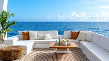 Fototapeta premium Luxurious outdoor lounge area with ocean view and stylish decor