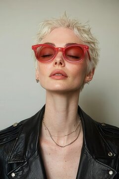A person with short white hair, wearing neon sunglasses and a black leather jacket, cyberpunk style, light grey background, a cool-looking expression, Copy space, commercial use