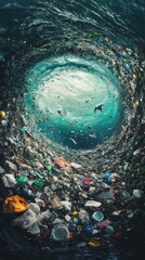 Obraz premium Swirling ocean garbage patch highlighting microplastic pollution.