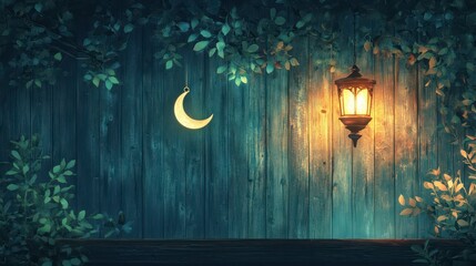Enchanted night scene, crescent moon, lantern on rustic wood. Perfect for mystical, fairytale, or Ramadan themes, evokes tranquility and magic.
