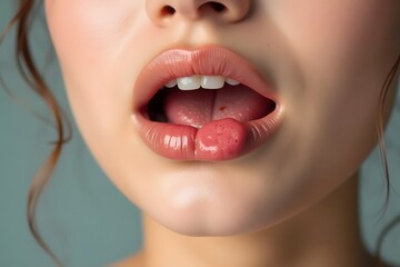 Obraz premium Close-up of a young Caucasian woman with a swollen lower lip