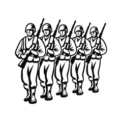 Fototapeta premium Cartoon soldiers marching in formation, each carrying a rifle in a disciplined, uniform style