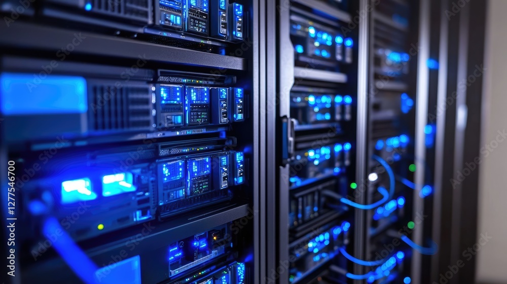 Poster Close-up of data servers with glowing blue LED lights and network cables, representing cloud computing, cybersecurity, and IT infrastructure. Ideal for technology and networking themes