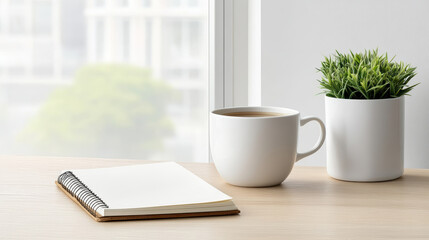 minimal workspace setup featuring journal, plant, and coffee cup