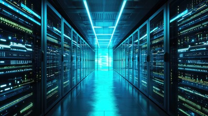 Obraz premium Brightly illuminated data center with futuristic glowing servers, symbolizing cloud computing, cybersecurity, and network infrastructure. Ideal for IT, security, and digital solutions
