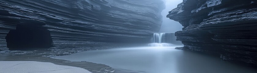 Misty Waterfall Canyon, Tranquil Landscape