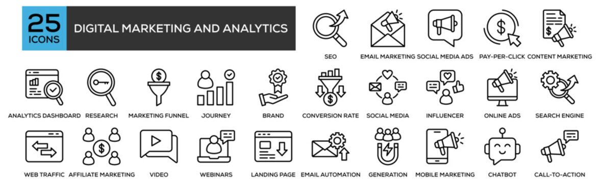 Digital Marketing and Analytics icon collection set. Containing design SEO, Email Marketing, Social Media Ads, Pay-Per-Click, Content Marketing