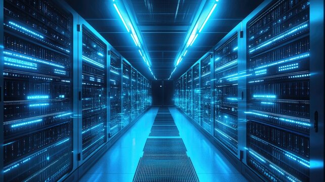 Futuristic server room with glowing blue lights and reflective floors, representing cloud computing, cybersecurity, and advanced data processing. Ideal for IT, networking, and technology themes