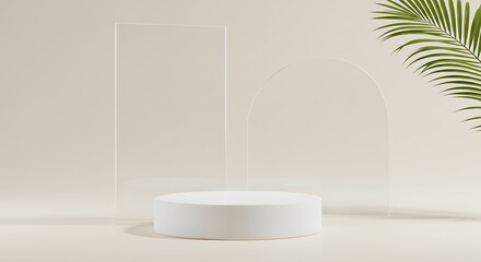 White podium with glass wall and nature palm leaf on light background