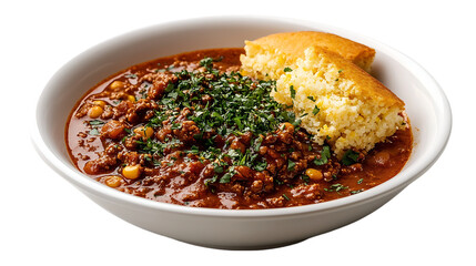 Bowl of Chili with Cornbread, appetizing