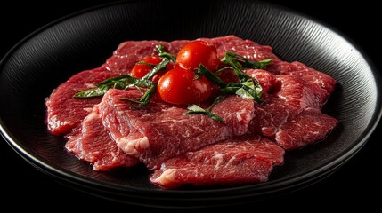A plate of raw beef slices garnished with cherry tomatoes and herbs.
