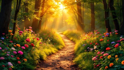 Obraz premium Golden rays cascade through verdant tapestry of a lush woodland, casting ethereal patterns of luminescence upon enchanted forest floor