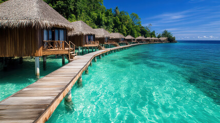 serene row of overwater bungalows extends into clear turquoise waters, surrounded by lush