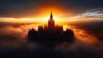 Fototapeta premium A breathtaking sunrise over a vast kingdom, misty valleys, warm golden light illuminating medieval castles, high fantasy, epic cinematic shot, ultra-realistic