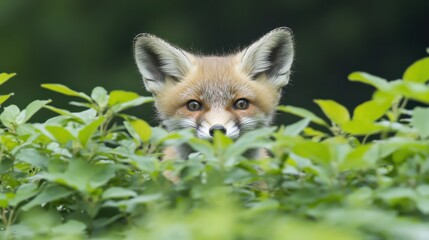 Red Fox Peeking Through Green Foliage in Natural Habitat