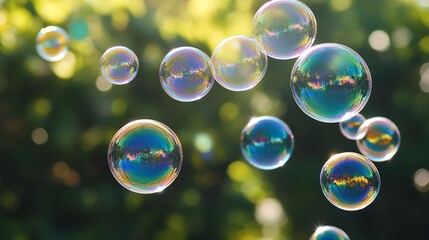 Colorful bubbles floating in a sunny garden.