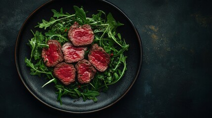 A plate of sliced beef served on a bed of fresh arugula, highlighting gourmet presentation.