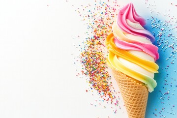 Rainbow soft serve ice cream cone with sprinkles. Perfect for summer, dessert menus, or fun food blogs.