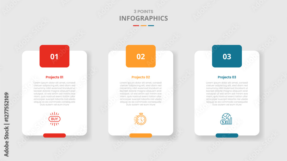 Poster 3 points template comparison concept for infographic with vertical round box with badge on header wi