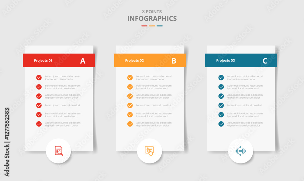 Poster 3 points template comparison concept for infographic with vertical box with checklist and circle bad