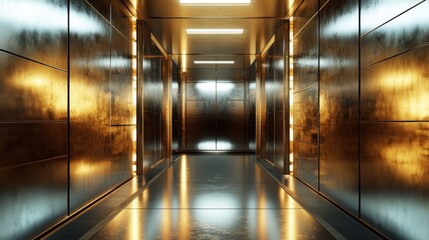 Reflective metallic corridor with warm lighting.