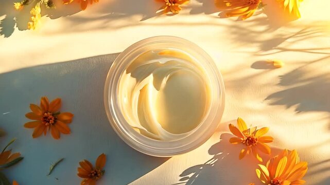 A luxurious jar of calendula-infused skincare cream surrounded by vibrant yellow calendula flowers in warm, natural sunlight. The image conveys a sense of purity, botanical beauty, and the soothing