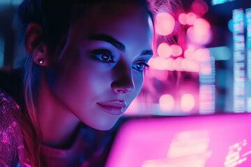 A close-up portrait of a young woman with a laptop, coding in a futuristic workspace with glowing screens and data visualizations