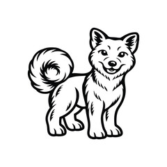 Fototapeta premium Stylized cartoon dog character with a curled tail and happy expression in a bold black and white design